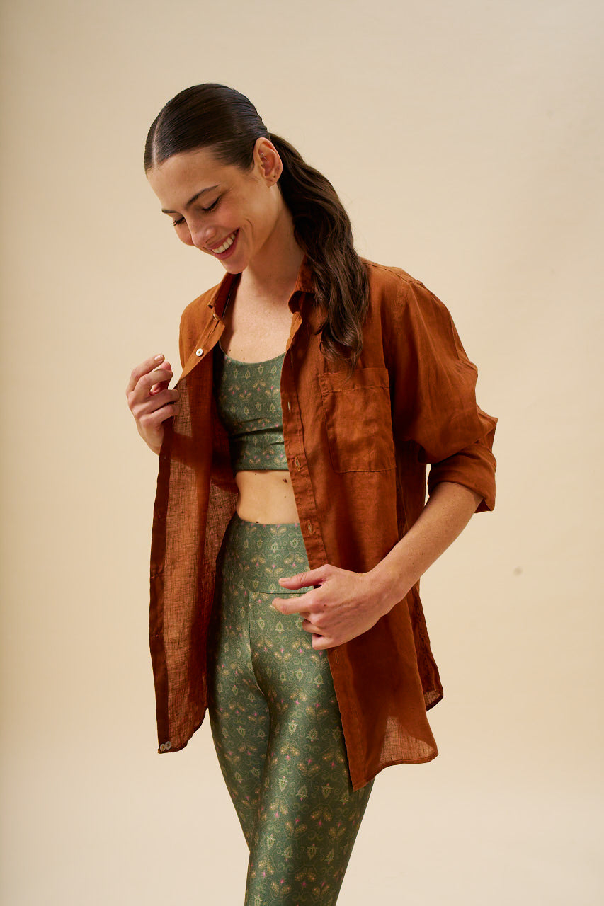 Camisa Puro Linho Stone Wash Brown Manga Longa MAXIME