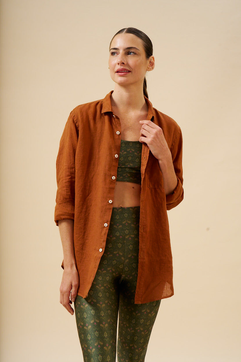Camisa Puro Linho Stone Wash Brown Manga Longa MAXIME