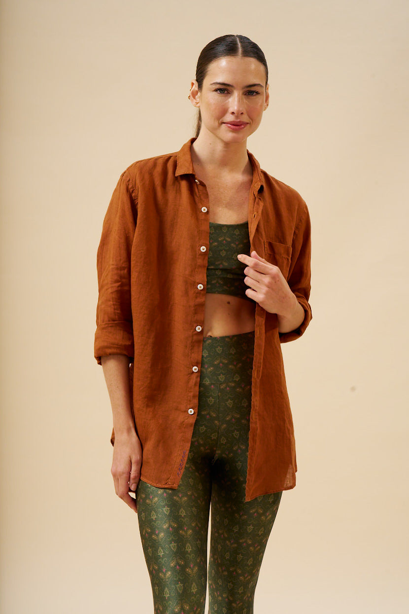 Camisa Puro Linho Stone Wash Brown Manga Longa MAXIME