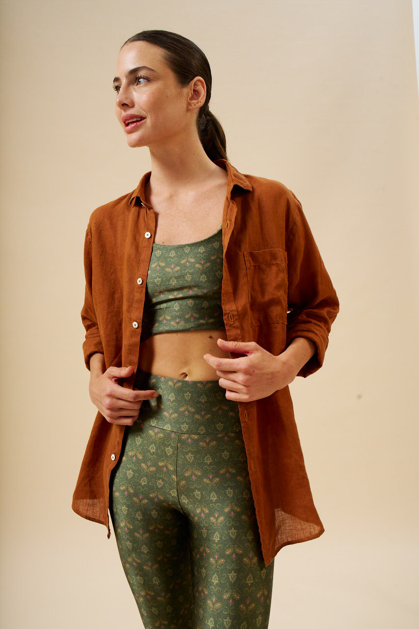 Camisa Puro Linho Stone Wash Brown Manga Longa MAXIME