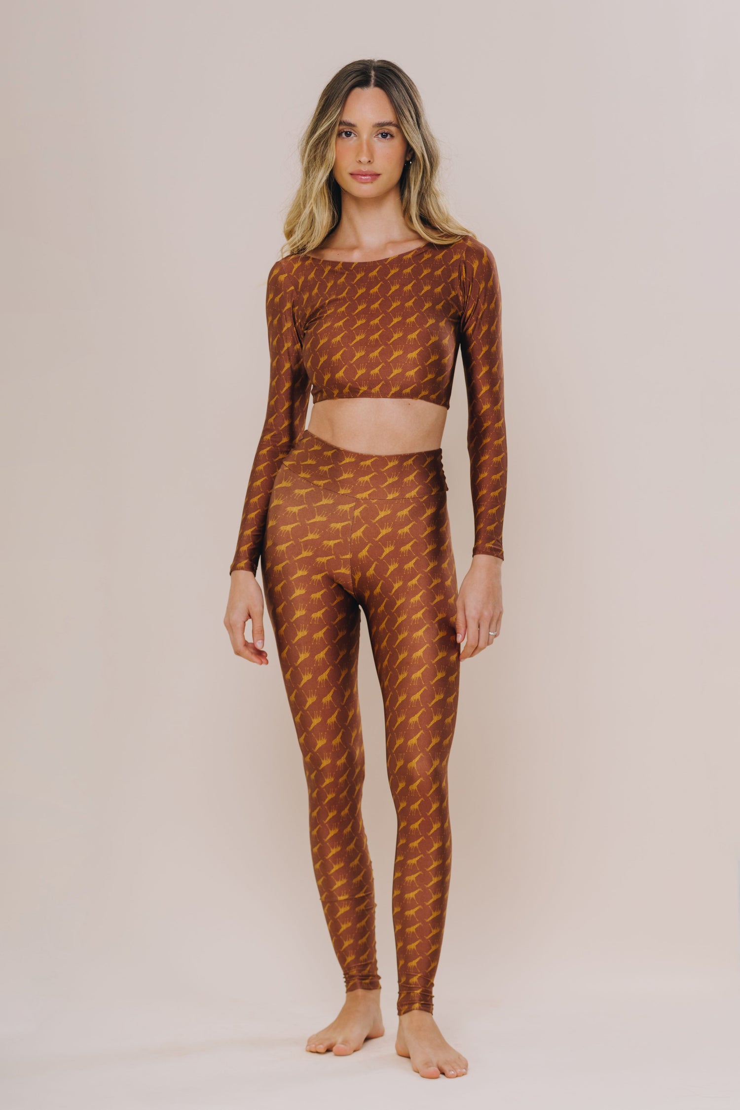 Brown Giraffe Long Sleeve Crop Top